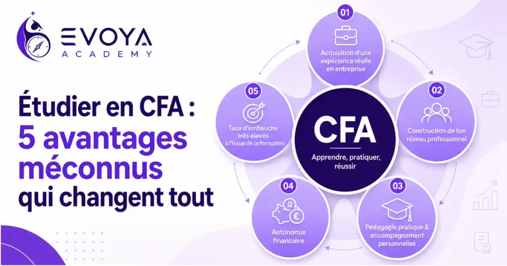 Infographie présentant cinq avantages d’étudier en CFA : expérience en entreprise, réseau professionnel, pédagogie pratique, autonomie financière et taux d’embauche élevé